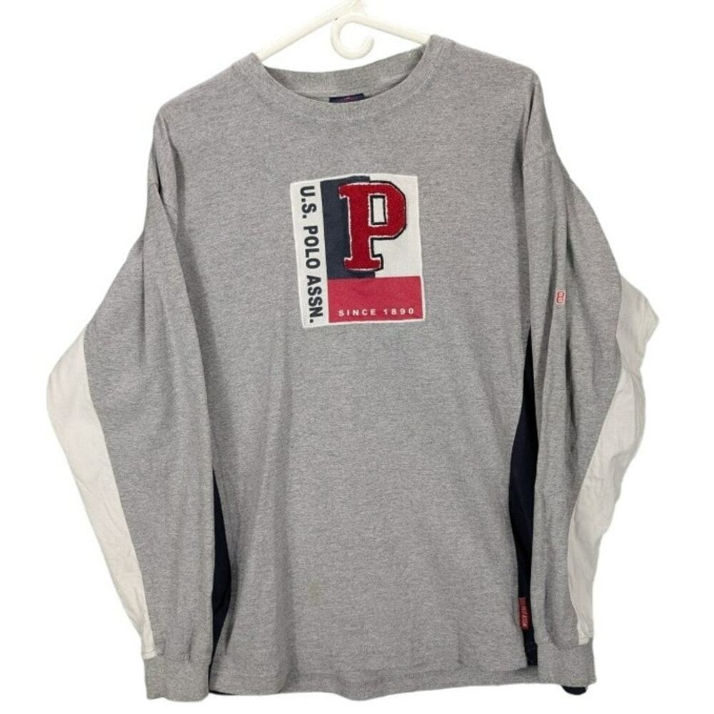 US Polo Association Shirt Mens Large Long Sleeve 3D Logo Gray Y2K Preppy READ
